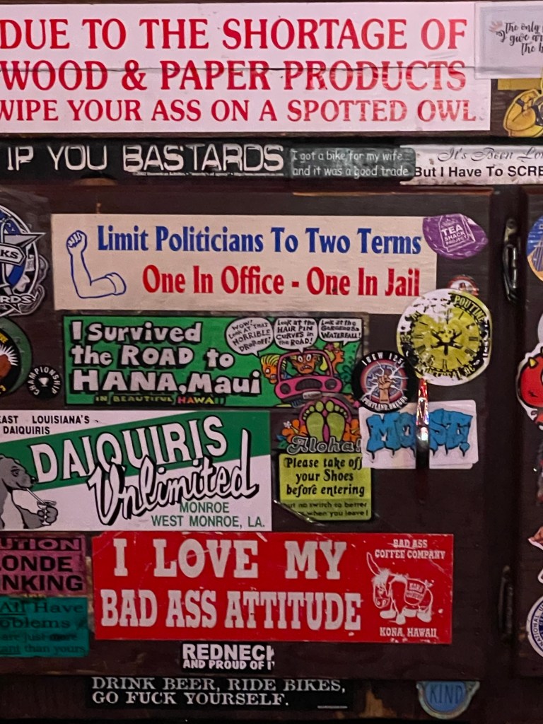 Doucet Saloon, Castro Valley, CA, bumper stickers, close