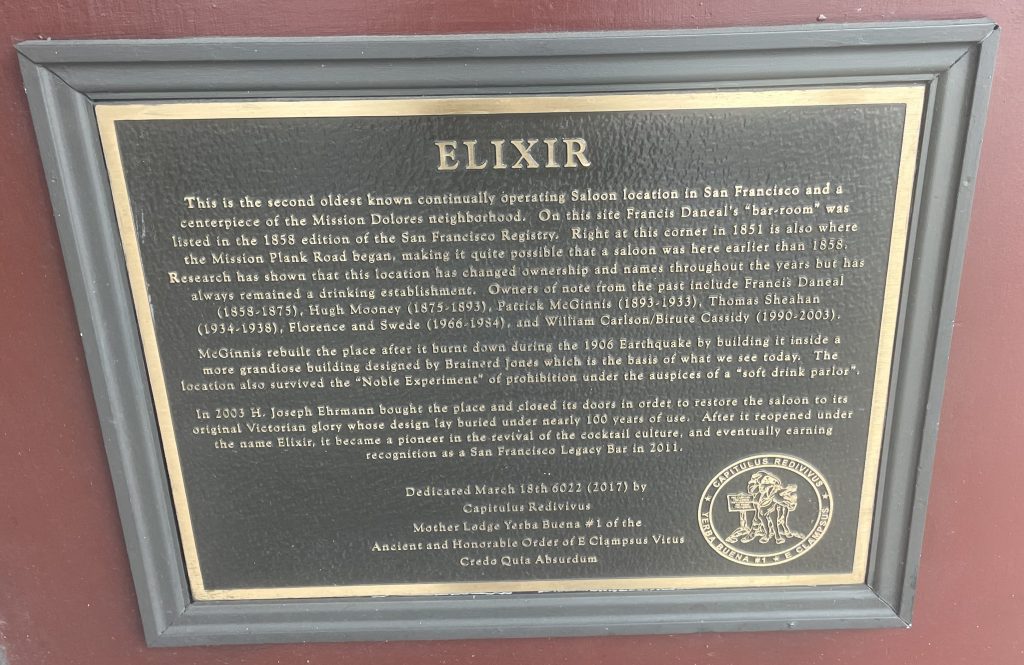 photo of the plaque of Elixir, San Francisco