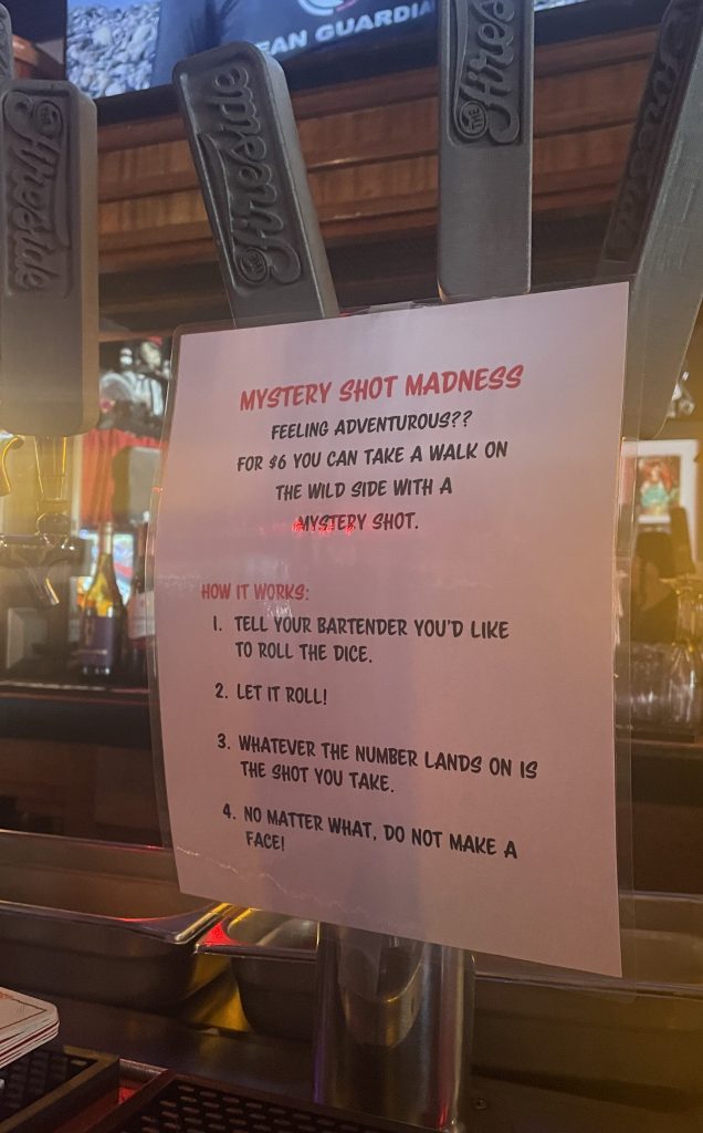 photo of mystery shot instructions at The Fireside Lounge, Alameda, California